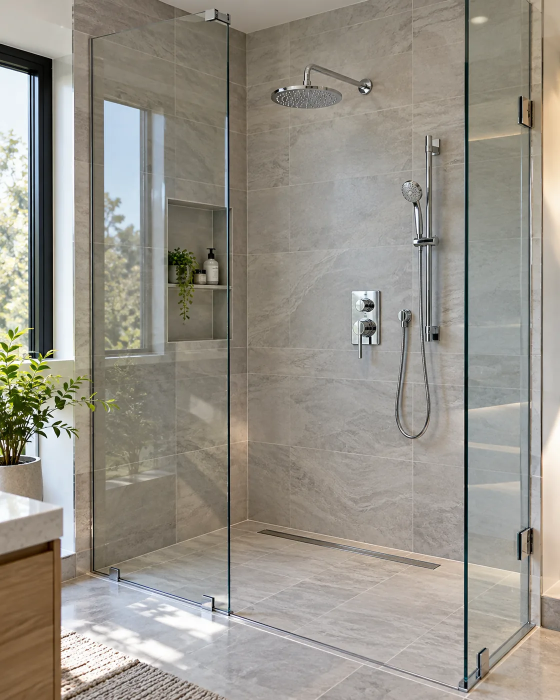 Douche à l’italienne avec parois vitrées, pommeau de pluie et robinetterie chromée